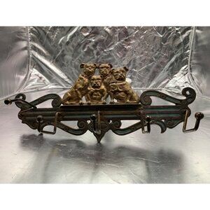 HL Judd Vintage Cast Iron Bulldogs Wall Hook Rack Ornate Design & Patina Finish